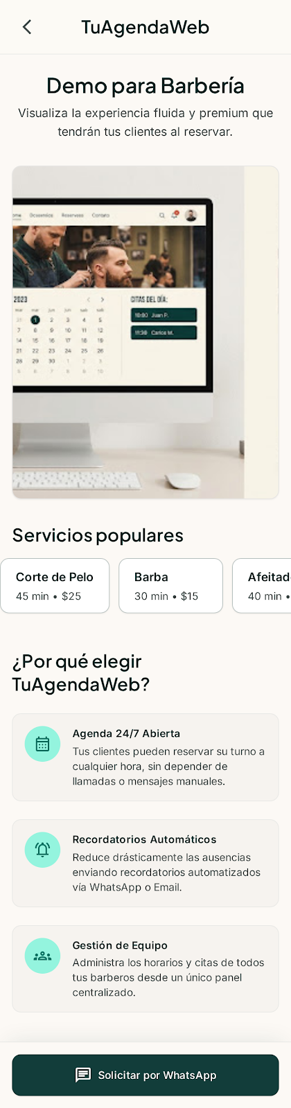Vista mobile TuAgendaWeb
